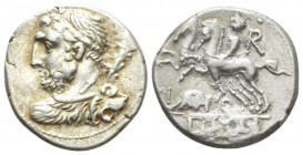 Ti. Quinctius. Denarius circa 112 or 111, AR 17.7mm., 3.85g. Bust of Hercules l. seen from behind, with club above r. shoulder. Rev. Desultor l.; behi...