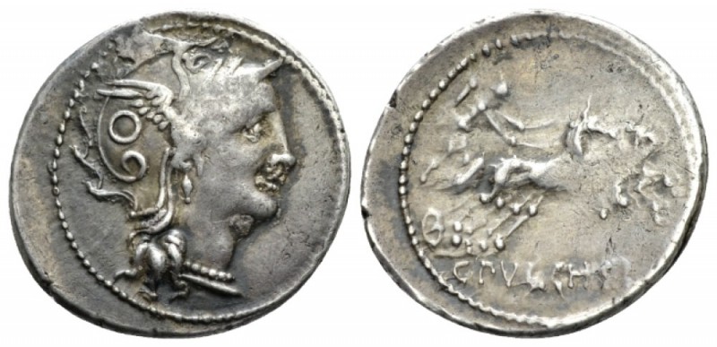 C. Claudius Pulcher. Denarius 110 or 109, AR 20mm., 3.91g. Helmeted head of Roma...