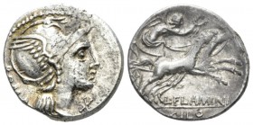L. Flaminius Chilo Denarius 109 or 108, AR 18.8mm., 3.84g. Helmeted head of Roma r.; behind, ROMA and below chin, X. Rev. Victory in prancing biga r.;...