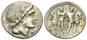 L. Memmius. Denarius 109 or 108, AR 20.2mm., 3.90g. Male head r., wearing oak-wreath, below chin, Û. Rev. The Dioscuri standing facing between their h...