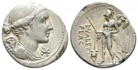 L. Valerius Flacco. Denarius 108 or 107, AR 19.6mm., 3.88g. Draped bust of Victory r.; below chin, *. Rev. L•VALERI / FLACCI Mars walking l., holding ...
