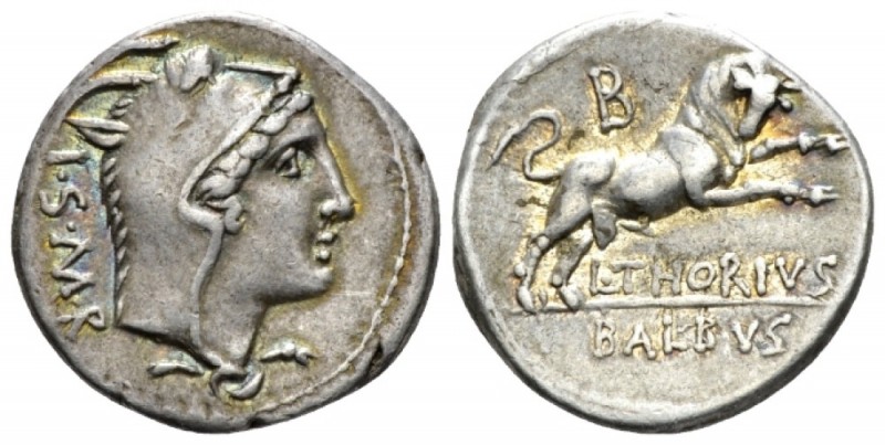 L. Thorius Balbus. Denarius 105, AR 19.1mm., 3.81g. Head of Juno Sospita r., wea...