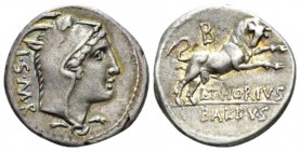 L. Thorius Balbus. Denarius 105, AR 19.1mm., 3.81g. Head of Juno Sospita r., wearing goat's skin; behind, I·S·M·R. Rev. Bull charging r.; above, B and...