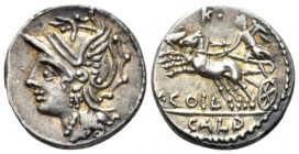 C. Coelius Caldus. Denarius 104, AR 17.6mm., 4.01g. Helmeted head of Roma l. Rev. Victory in prancing biga l.; above, K· and below, C·COIL. In exergue...