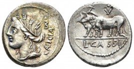 L. Cassius Caecianus Denarius 102, AR 18.5mm., 3.84g. Draped bust of Ceres l., wearing barley wreath; behind, CAEICIAN. In upper r. field on top of le...