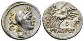C. Fabius C.f. Hadrianus. Denarius 102, AR 19.8mm., 3.94g. Turreted and veiled bust of Cybeles r.; behind, EX·A·PV. Rev. Victory in prancing biga r.; ...