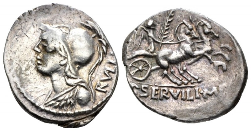 P. Servilius M.f. Rullus Denarius 100, AR 19.3mm., 3.90g. Helmeted bust of Miner...