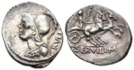 P. Servilius M.f. Rullus Denarius 100, AR 19.3mm., 3.90g. Helmeted bust of Minerva l.; behind, RVLLI. Rev. Victory, holding palm branch, in prancing b...