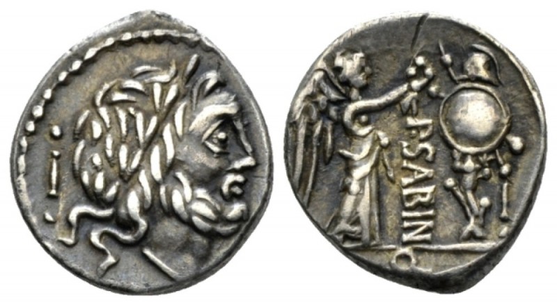 P. Vettius Sabinus. Quinarius 99, AR 13.6mm., 2.00g. Laureate head of Jupiter r....
