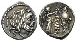 P. Vettius Sabinus. Quinarius 99, AR 13.6mm., 2.00g. Laureate head of Jupiter r.; behind, control letter. Rev. Victory r., crowning trophy; between, P...