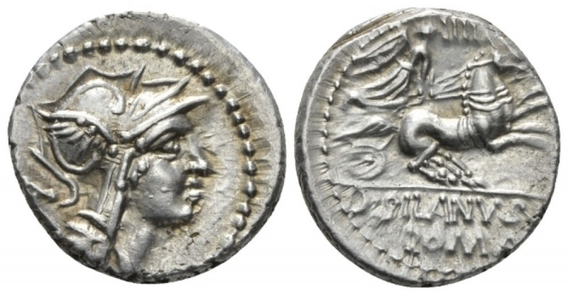D. Iunius Silanus L.f. Denarius 91, AR 18.5mm., 3.93g. Helmeted head of Roma r.;...