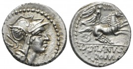 D. Iunius Silanus L.f. Denarius 91, AR 18.5mm., 3.93g. Helmeted head of Roma r.; behind A. Rev. Victory in biga r., holding palm-branch and reins in l...