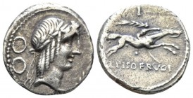 L. Piso Frugi. Denarius 90, AR 16.8mm., 3.82g. Laureate head of Apollo r.; behind, symbol. Rev. Horseman galloping r., holding palm-branch; above, I a...