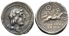 L. Piso Frugi Denarius 90, AR 18.7mm., 3.60g. Laureate head of Apollo r.; below chin, T. Rev. Naked horseman galloping r., holding whip; above, wheel....