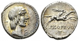 L. Piso Frugi. Denarius 90, AR 17.6mm., 4.09g. Laureate head of Apollo r.; behind, L and below chin, E. Rev. Horseman galloping l., holding torch in u...
