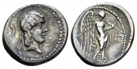 L. Piso Frugi Quinarius circa 90, AR 15.2mm., 2.00g. Laureate head of Apollo r.; behind, dagger. Rev. L·PI – SO Victory standing r., holding wreath in...