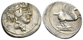 Q. Titius. Denarius 90, AR 19.2mm., 3.86g. Ivy-wreathed head of Bacchus r. Rev. Pegasus prancing r.; below, Q·TITI in linear frame. Babelon Titia 2. S...