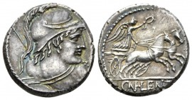 Cn. Cornelius Lentulus. Denarius 88, AR 18mm., 3.92g. Helmeted bust of Mars r., with spear over l. shoulder and sword over r. Rev. Victory in biga r.,...