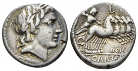 Gar, Ogul, Ver. Denarius 86, AR 17.5mm., 4.18g. Head of Apollo r., wearing oak wreath; below, thunderbolt. Rev. Jupiter in prancing quadriga r., holdi...