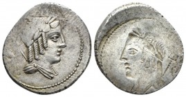 L. Julius Bursio. Denarius 85, AR 20mm., 3.74g. Male head r., with the attributes of Apollo, Mercury and Neptune. Rev. The same in incuse. Cr. 352/1a-...