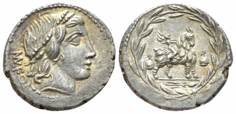 Mn. Fonteius. Denarius 85, AR 19.5mm., 3.59g. MN·FONTEI Laureate head of Apollo ...