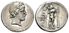 L. Marcius Censorinus. Denarius 82, AR 19.1mm., 4.04g. Laureate head of Apollo r. Rev. L·CENSOR Marsyas walking l. with r. arm raised and holding wine...