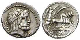 Q. Antonius Balbus. Denarius serratus 83-82, AR 18.7mm., 3.88g. Laureate head of Jupiter r.; behind, S·C and below chin, H·. Rev. Victory in quadriga ...