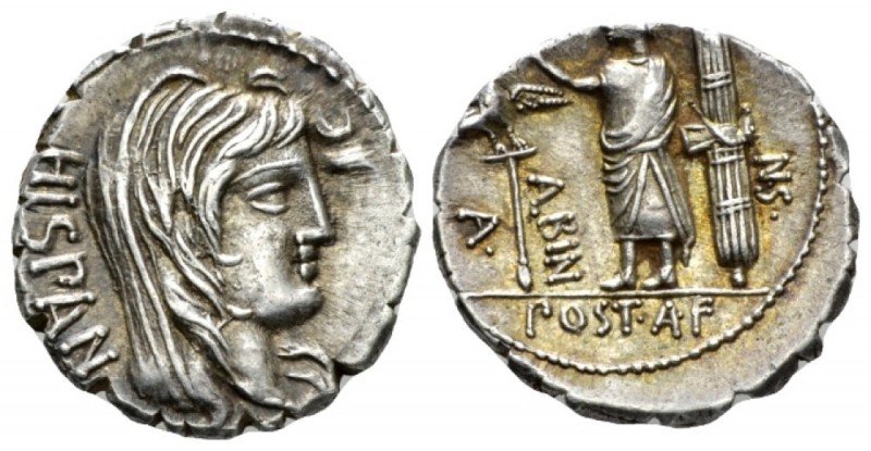 A. Postumius Albinus. Denarius serratus 81, AR 18.1mm., 3.93g. Draped bust of Di...