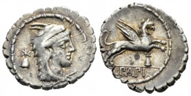 L. Papius. Denarius serratus 79, AR 20.5mm., 4.11g. Head of Juno Sospita r.; behind, pileus. Rev. Gryphon leaping r.; below, pileus. In exergue, L·PAP...