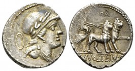 M. Volteius M.f. Denarius 78, AR 17.8mm., 3.92g. Draped male bust r., wearing laureate helmet; behind, shield. Rev. Cybele in biga of lions r., holdin...