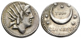 L. Lucretius Trio. Denarius 76, AR 18.2mm., 3.75g. Radiate head of Sol r. Rev. TRIO within crescent; around, seven stars and below, L·LVCRETI. Babelon...