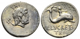 L. Lucretius Trio. Denarius 76, AR 18.9mm., 3.66g. Laureate head of Neptune r.; behind, trident and control numeral. Rev. Winged boy on dolphin speedi...
