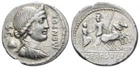 L. Farsuleius Mensor. Denarius 75, AR 19.3mm., 3.90g. MENSOR Diademed and draped bust of Libertas r.; behind, S·C / pileus. Rev. Warrior holding spear...
