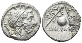 Cn. Cornelius Lentulus. Denarius Spain (?) 76-75,, AR 18.9mm., 3.87g. Draped bust of the Genius Populi Romani r., hair tied with band and sceptre over...