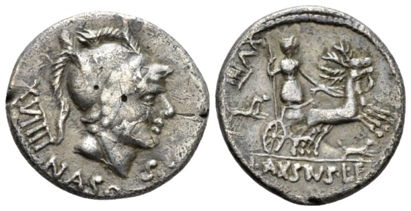 L. Axsius L.f. Naso. Denarius 71, AR 17.5mm., 3.22g. Head of Mars r., wearing cr...