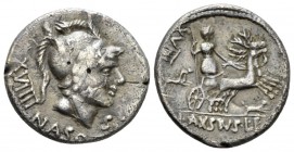 L. Axsius L.f. Naso. Denarius 71, AR 17.5mm., 3.22g. Head of Mars r., wearing crested and plumed helmet; behind, XIIII. Below neck truncation, NASO an...