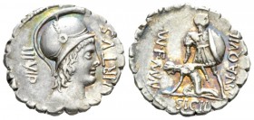 Mn. Aquillius. Denarius serratus 71, AR 19.4mm., 3.78g. VIRTVS – III VIR Helmeted and draped bust of Virtus r. Rev. MN AQVIL – MN·F MN·N Warrior, hold...