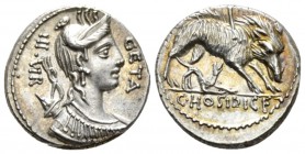 C. Hosidius C.f. Geta. Denarius 68, AR 17mm., 4.13g. III·VIR – GETA Diademed and draped bust of Diana r., with bow and quiver over shoulder. Rev. Boar...