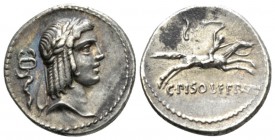 C. Piso L.f. Frugi. Denarius 67, AR 18.7mm., 3.98g. Laureate head of Apollo r.; behind, snake on caduceus. Rev. Horseman running r., holding whip; abo...