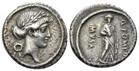 Q. Pomponius Musa. Denarius 66, AR 17.78mm., 4.23g. Laureate head of Apollo r.; behind, wreath. Rev. Q·POMPONI – MVSA Polyhymnia standing facing, wear...