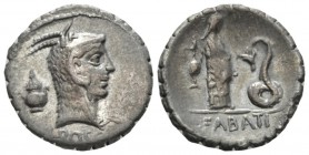 L. Roscius Fabatus. Denarius serratus 64, AR 18.5mm., 3.75g. Head of Juno Sospita r.; behind, flauts and below neck truncation, L ROSCI. Rev. Girl sta...