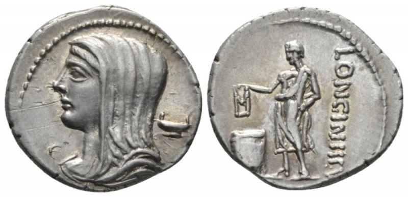 L. Cassius Longinus. Denarius 63, AR 20.5mm., 3.89g. Diademed and veiled head of...