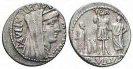 L. Furius Cn. f. Brocchus. Denarius 62, AR 18.7mm., 4.06g. PAVLLVS LEPIDVS – CONCORDIA Diademed and draped bust of Concordia r. Rev. Trophy; to r., to...