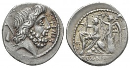 N. Nonius Sufenas. Denarius 59, AR 17.7mm., 3.93g. SVFENAS – S·C Head of Saturn r.; in l. field, harpa and conical stone. Rev. PR·L·V·P·F Roma seated ...