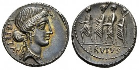 M. Iunius Brutus. Denarius 54, AR 19mm., 4.09g. LIBERTAS Head of Libertas r. Rev. The consul L. Junius Brutus walking l. between two lectors preceded ...