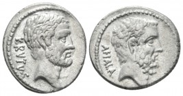 M. Iunius Brutus. Denarius 54, AR 17.10mm., 3.73g. BRVTVS Head of L. Iunius Brutus r. Rev. AHALA Head of C. Servilius Ahala r. Babelon Julia 30 and Se...