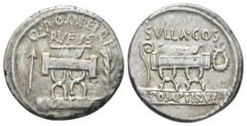 Q. Pompeius Rufus. Denarius 54, AR 17.8mm., 3.61g. Q·POMPEI·Q·F / RVFVS Curule chair; on l., arrow and on r., laurel branch; below, COS on tablet. Rev...