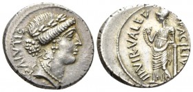 Mn. Acilius Glabrio. Denarius 49, AR 18.7mm., 4.13g. SALVTIS (upwards) Laureate head of Salus r. Rev. MN·ACILIVS – III·VIR·VALETV Valetudo standing l....