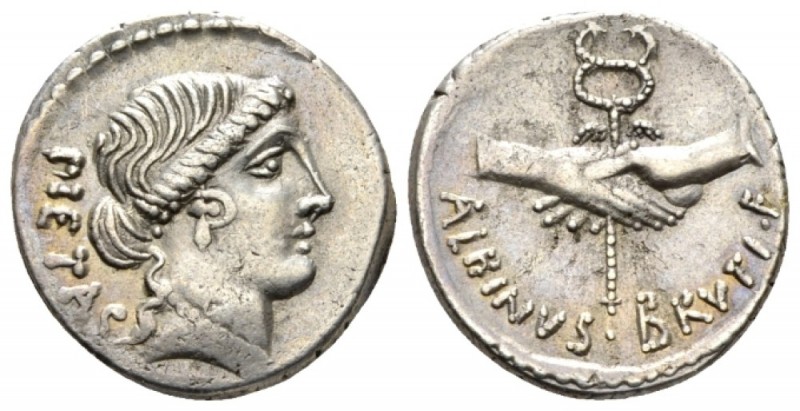 D. Iunius Brutus Albinus. Denarius 48, AR 17.9mm., 3.93g. PIETAS Head of Pietas ...