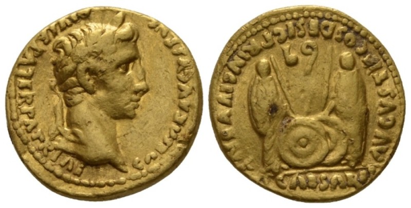 Octavian as Augustus, 27 BC – 14 AD Aureus Lugdunum circa 2 BC-4 AD, AV 20mm., 7...